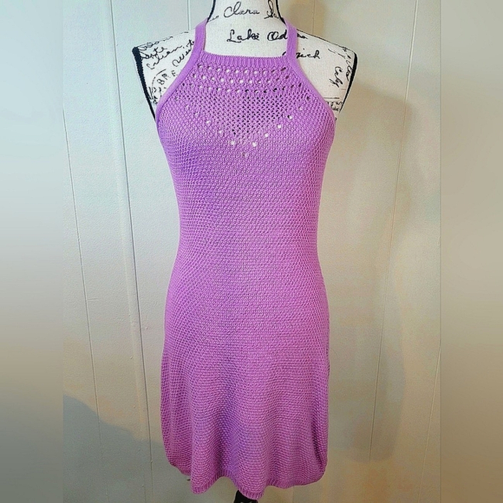 Ultra Flirt Medium Crochet Halter Mini Dress Purple NWT